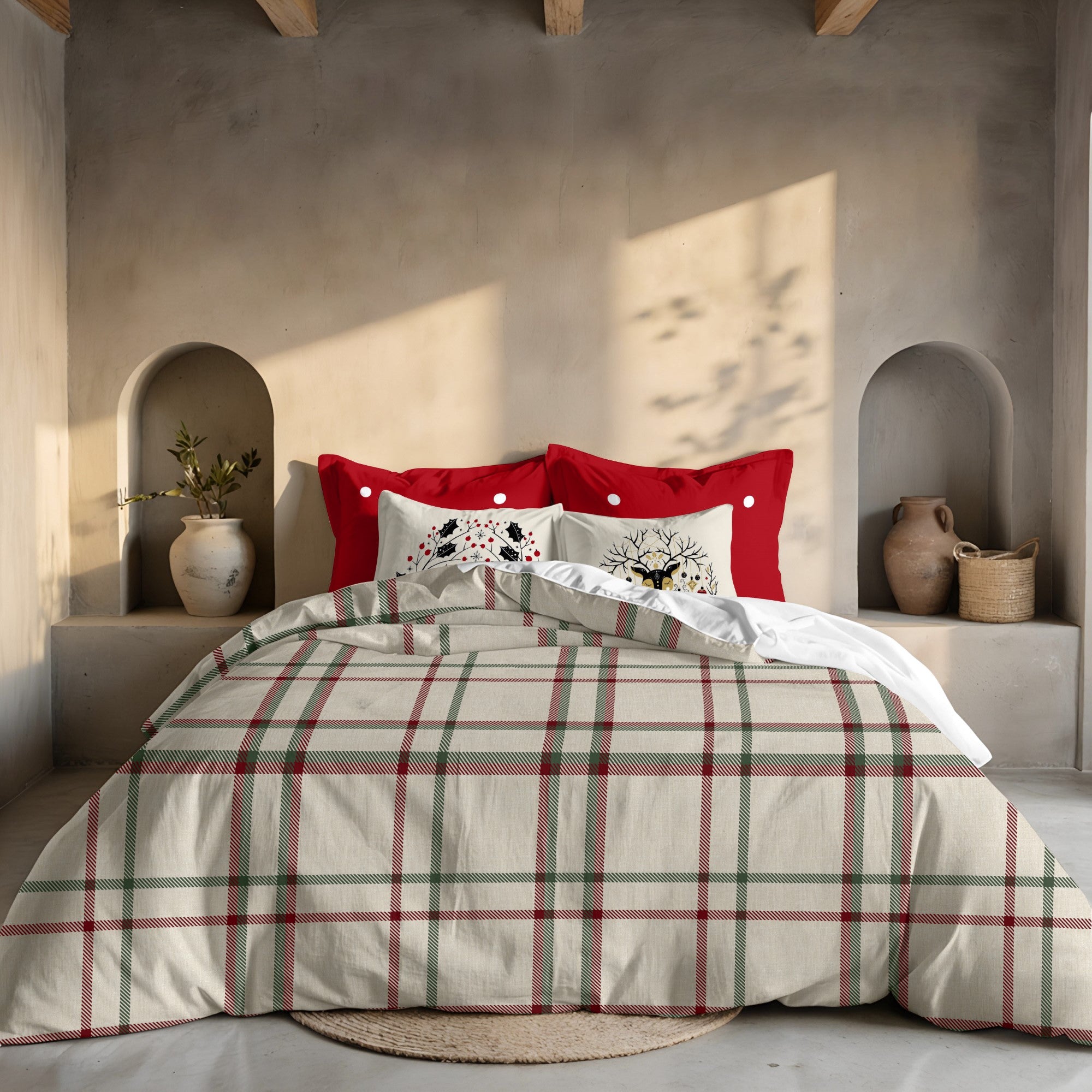 Duvet cover with clicks 100% cotton Christmas squares