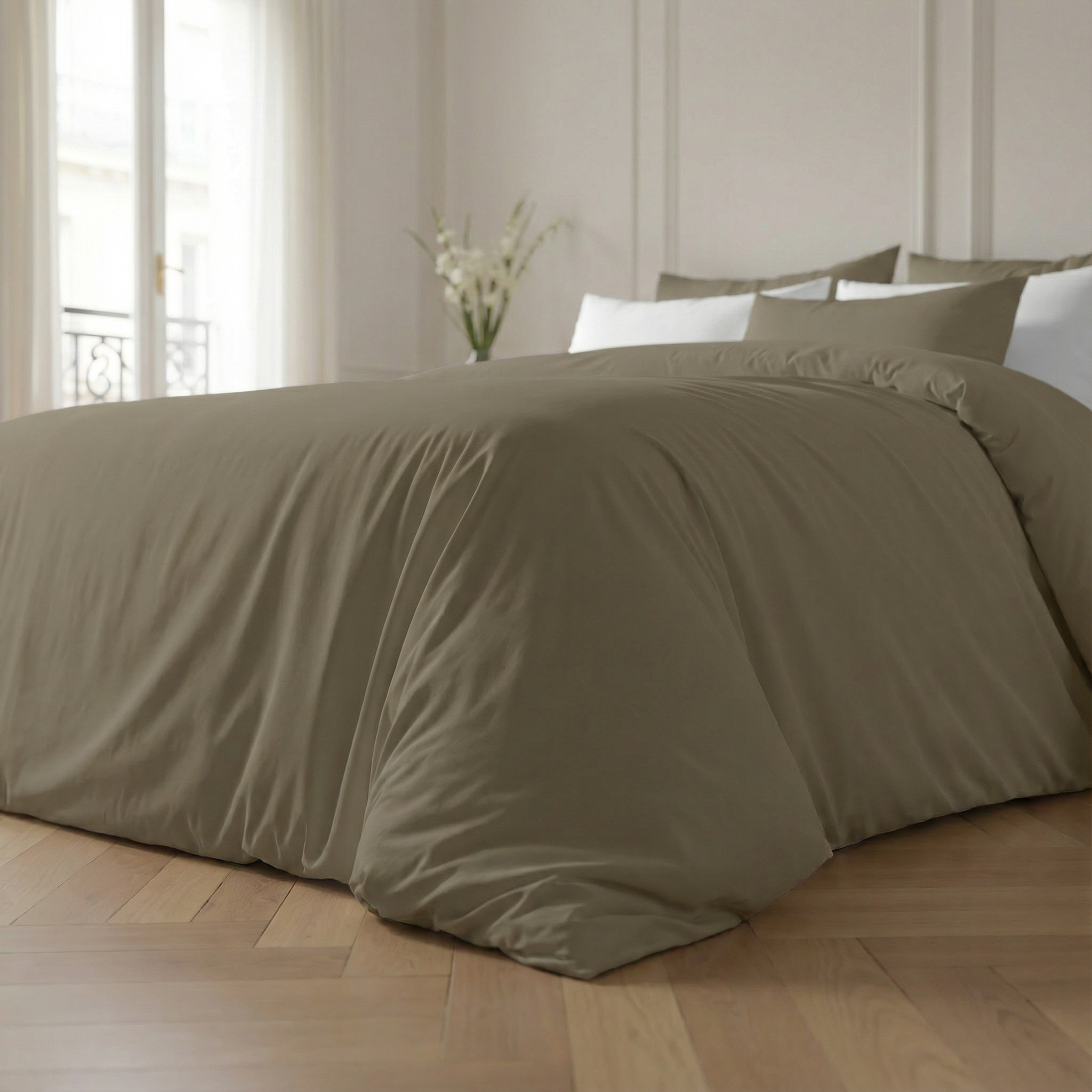 Greige percale duvet cover, 200 thread count