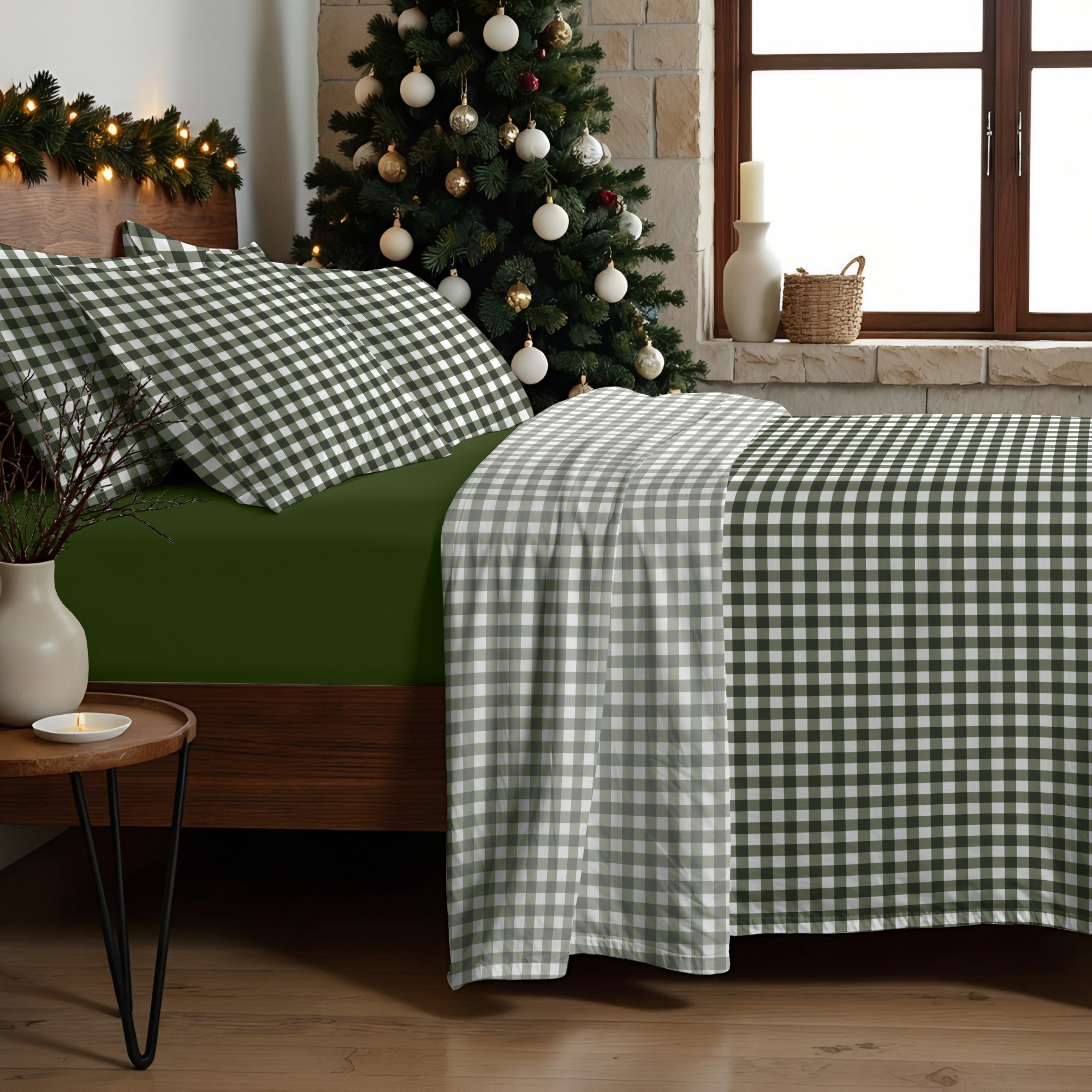 Christmas Vichy Green Sheet Set 100% Cotton