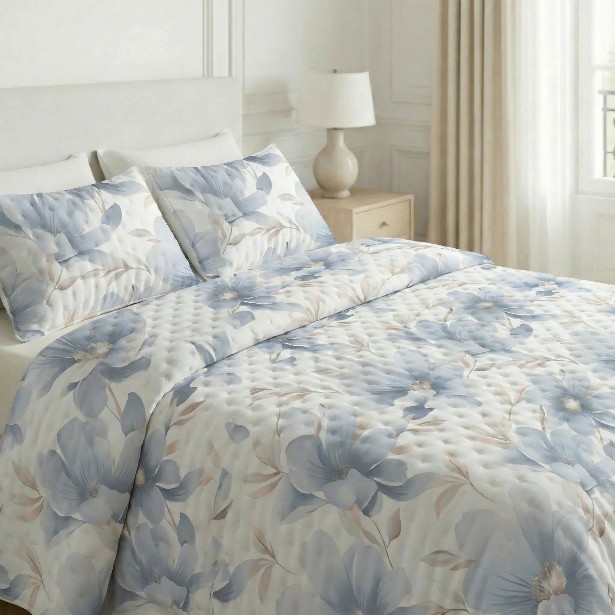 Couverture matelassée imprimée Bloom Blue, douce au toucher