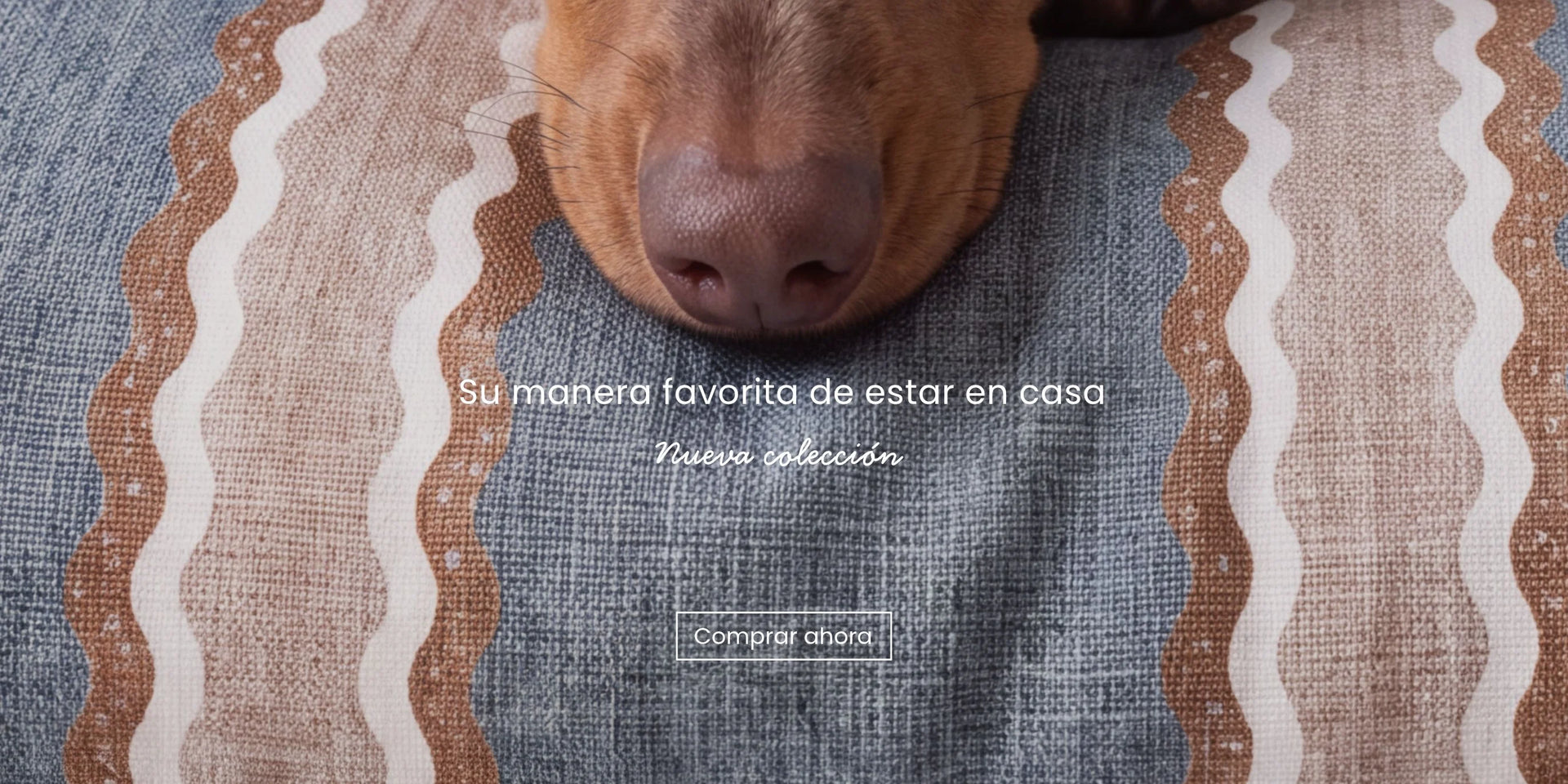 Perro descansando sobre una tela estampada con ondas en tonos azul, terracota y beige.