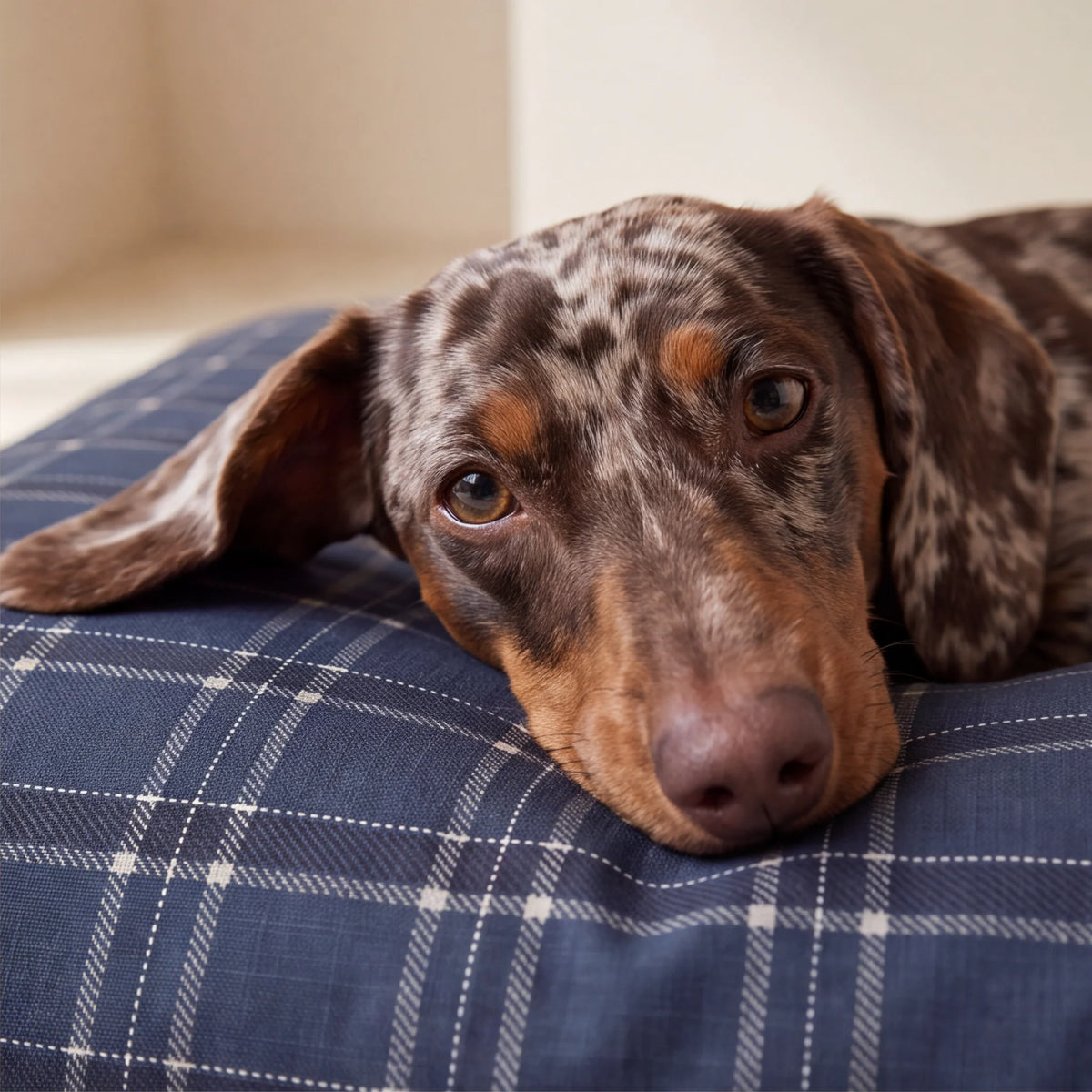 Cama con tejido de cuadros azul marino con perro salchicha descansando encima