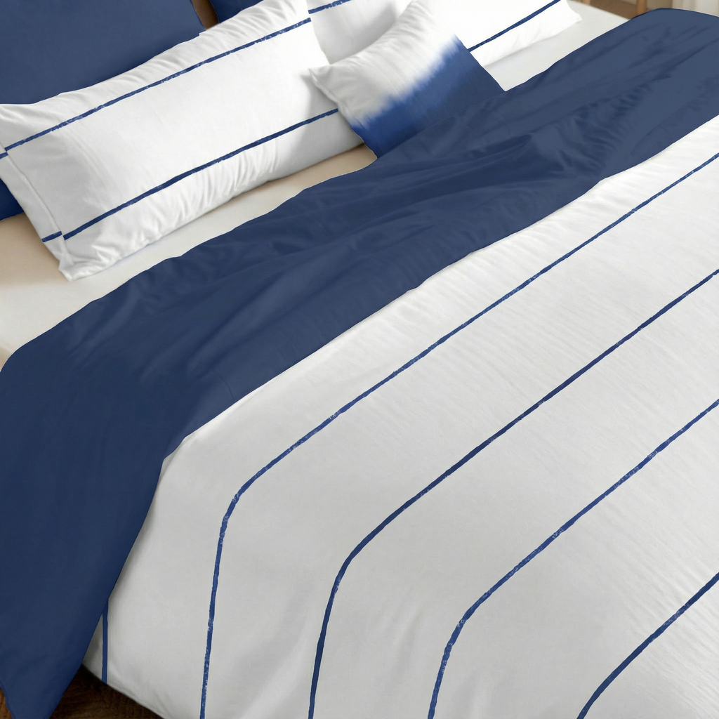 Reversible percale duvet cover, 200 thread count, Navy-Ibiza