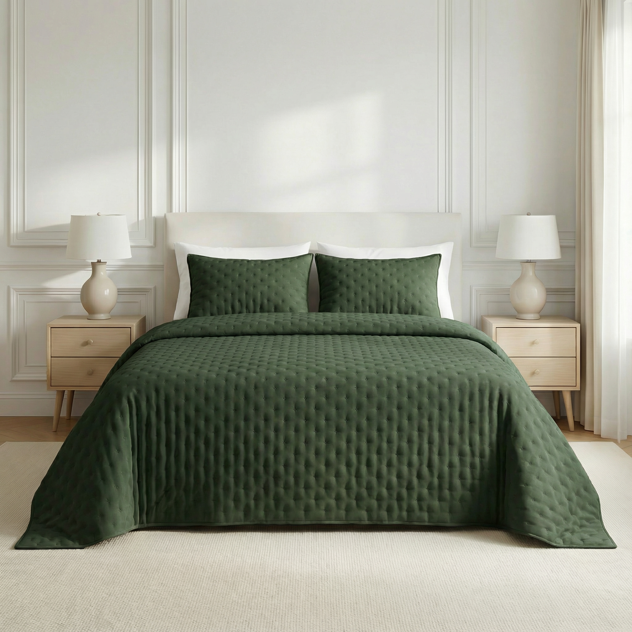 Colcha lisa acolchada Verde Botella tacto suave