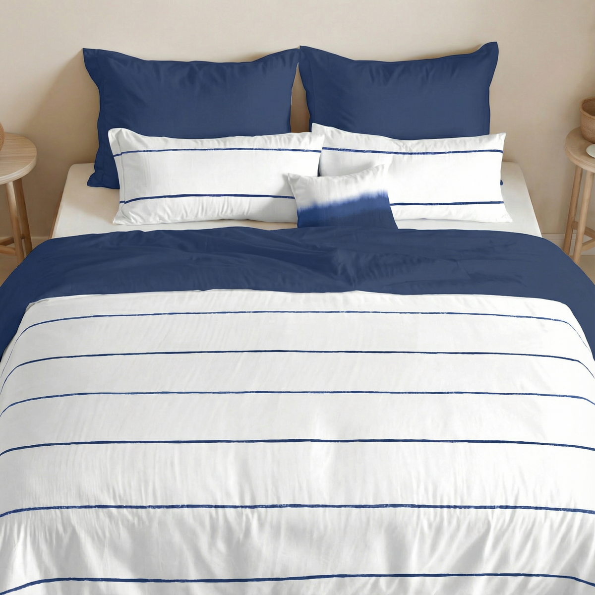 Reversible percale duvet cover, 200 thread count, Navy-Ibiza