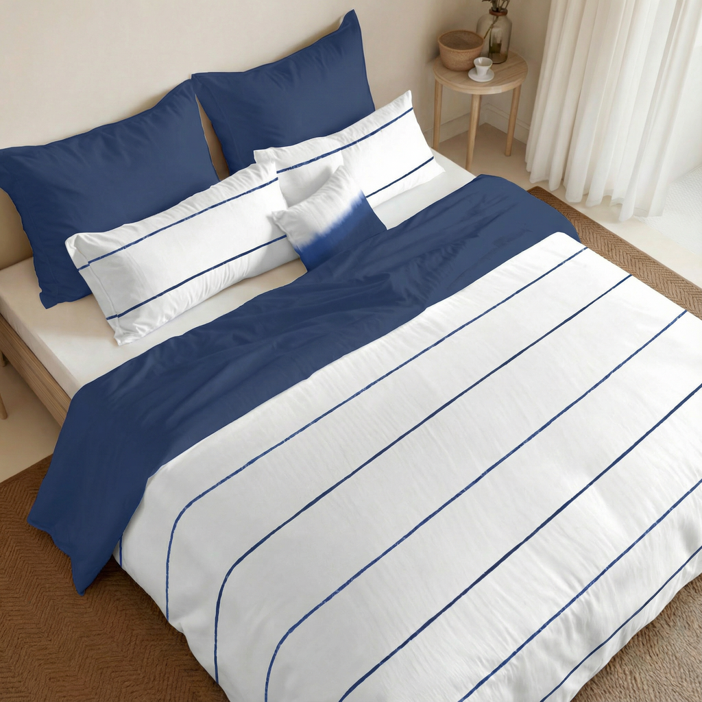 Reversible percale duvet cover, 200 thread count, Navy-Ibiza