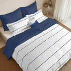 Reversible percale duvet cover, 200 thread count, Navy-Ibiza