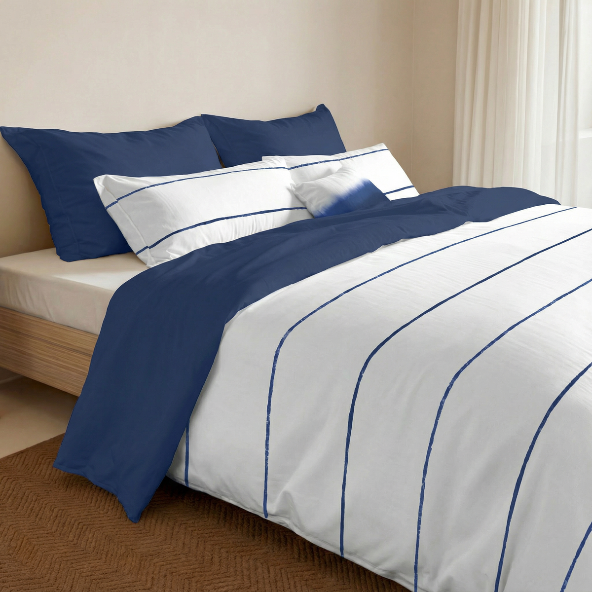 Reversible percale duvet cover, 200 thread count, Navy-Ibiza
