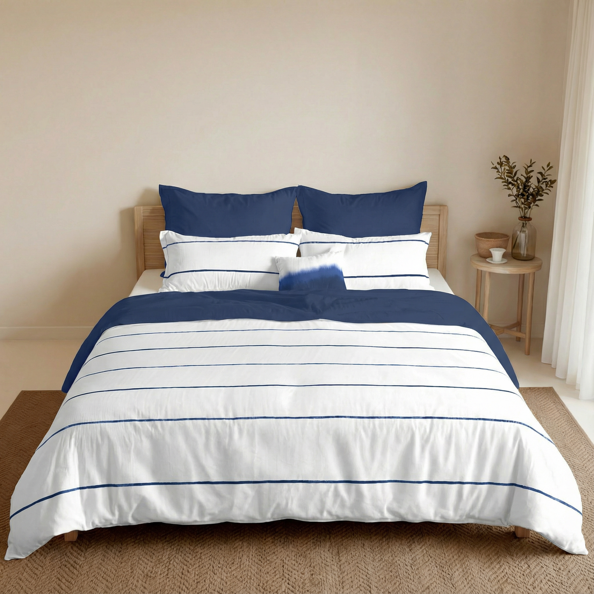Reversible percale duvet cover, 200 thread count, Navy-Ibiza