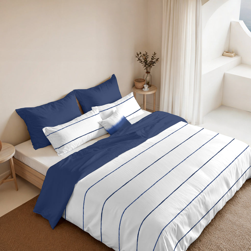 Reversible percale duvet cover, 200 thread count, Navy-Ibiza