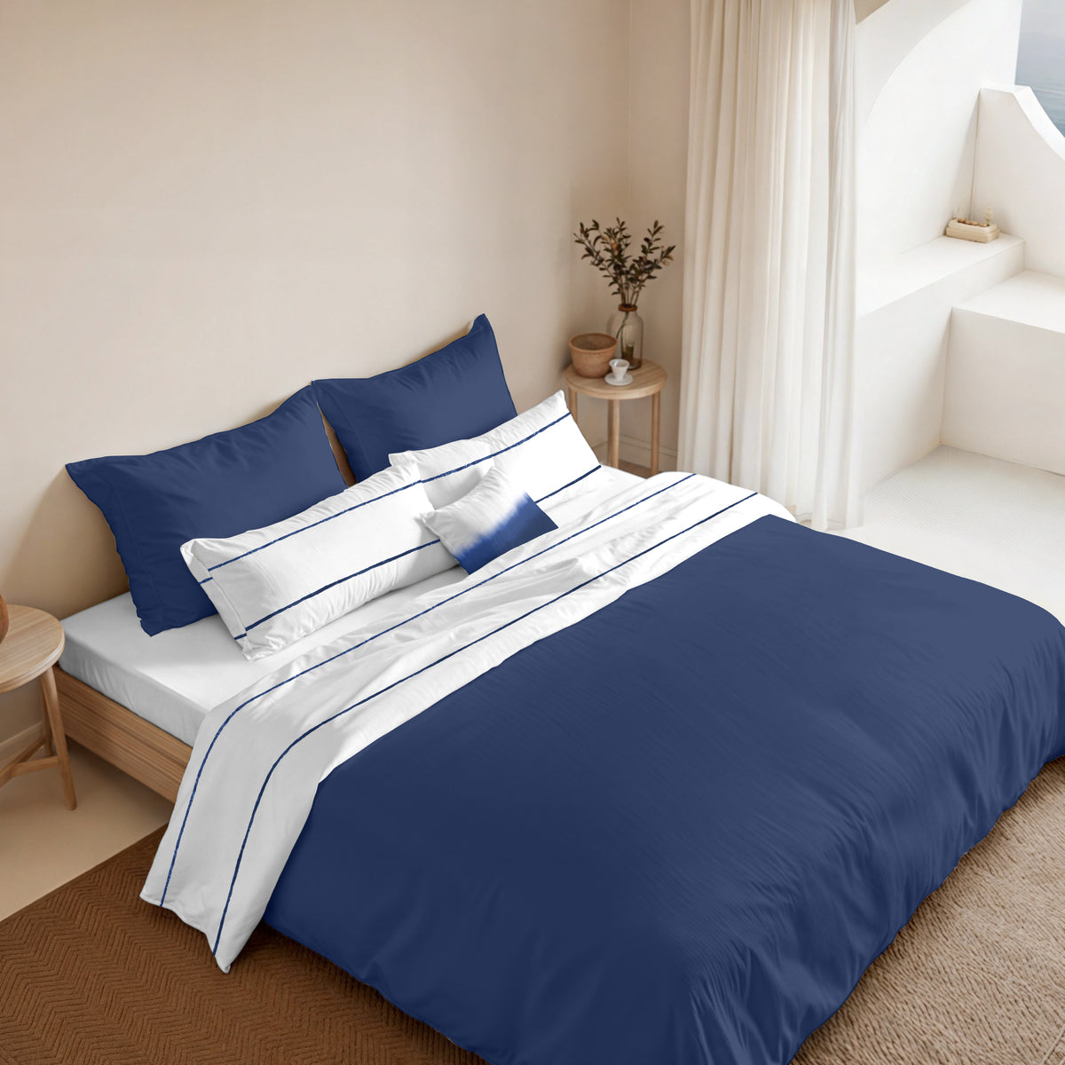 Reversible percale duvet cover, 200 thread count, Navy-Ibiza