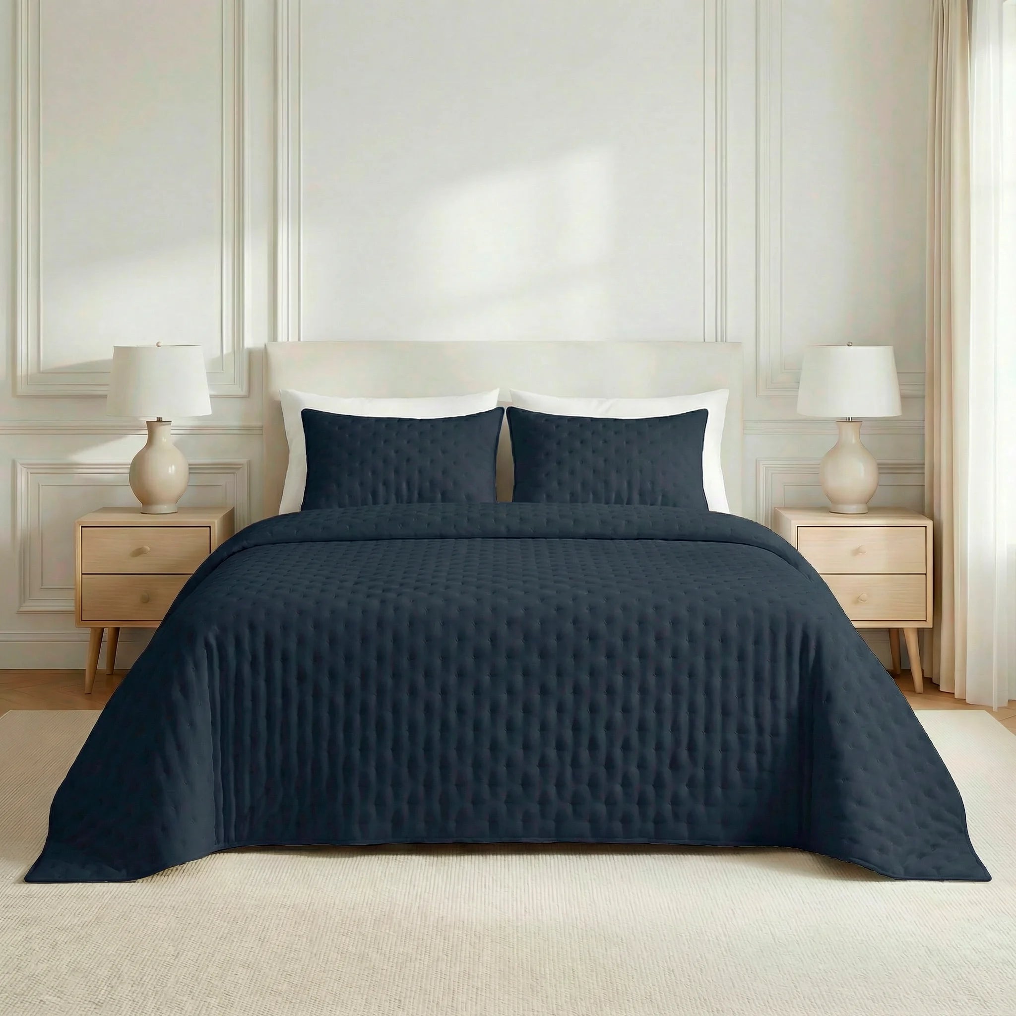 Couvre-lit matelassé uni, bleu marine, doux au toucher
