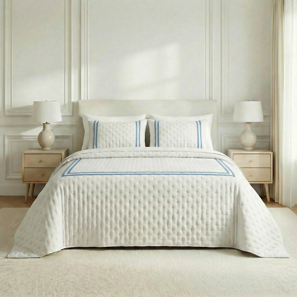 Couverture matelassée imprimée bouti bleu olive Vera douce au toucher