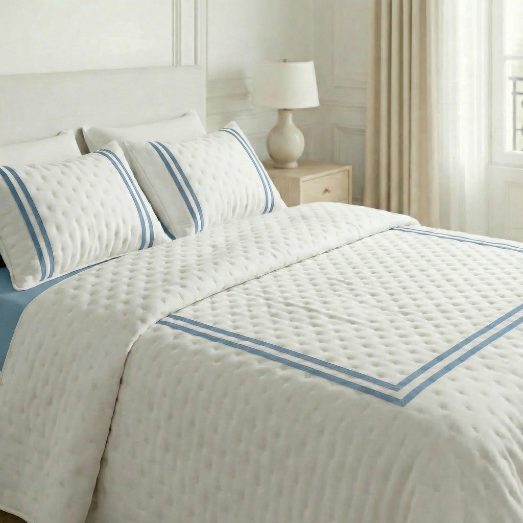 Couverture matelassée imprimée bouti bleu olive Vera douce au toucher