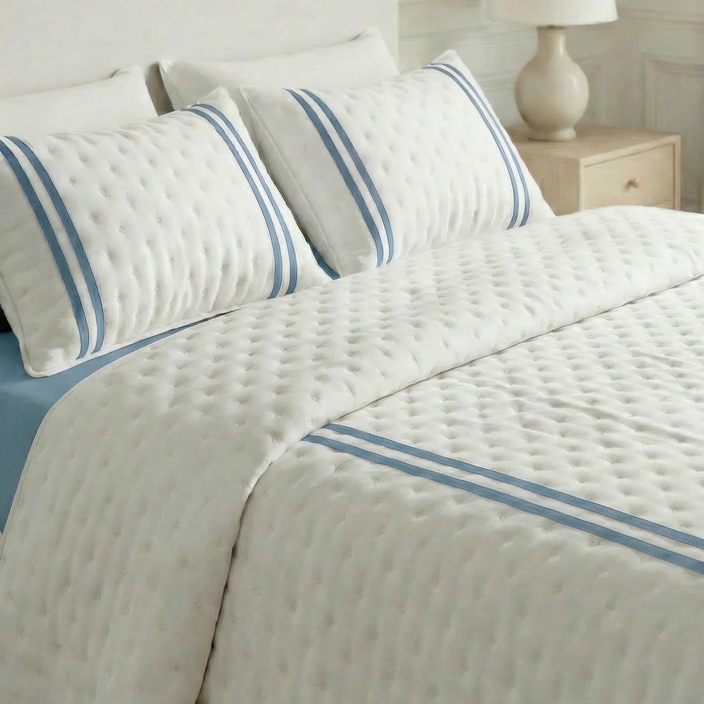 Couverture matelassée imprimée bouti bleu olive Vera douce au toucher
