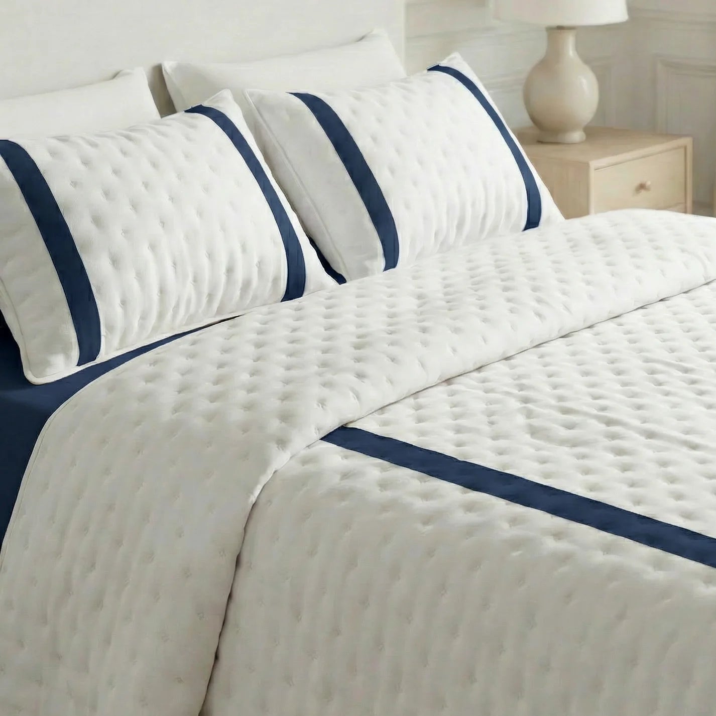 Portixol Blue printed bedspread with a soft feel