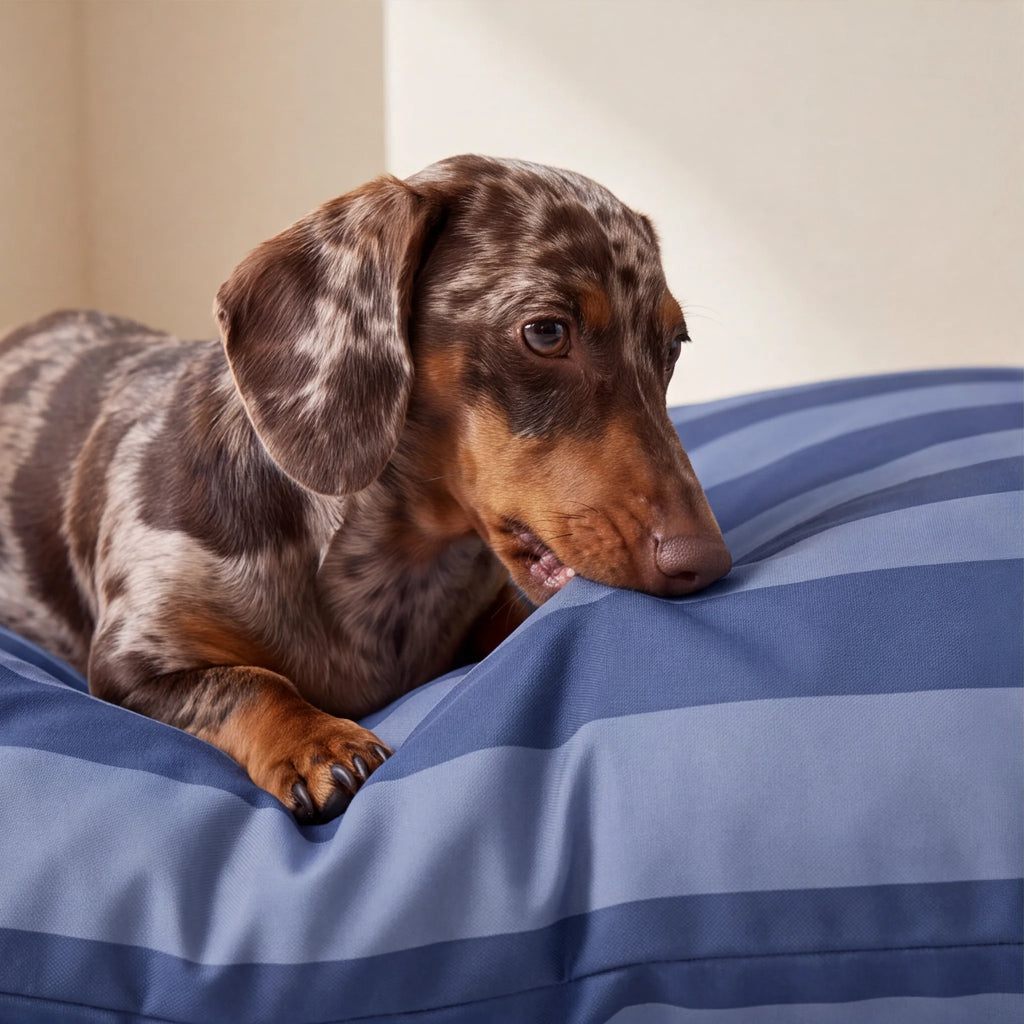 Perro salchicha mordiendo cama para mascotas a rayas azules