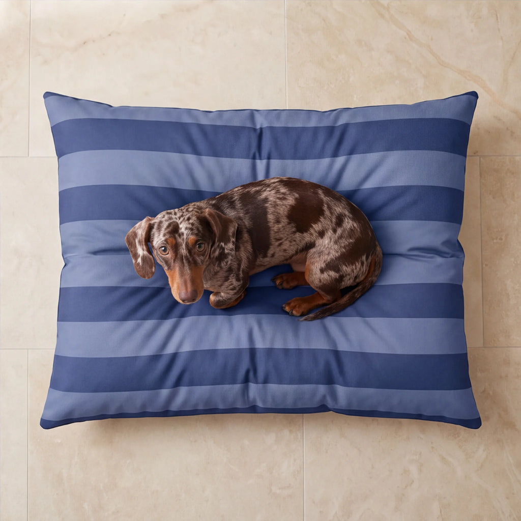 Cama azul a rayas con perro acurrucado sobre suelo de piedra