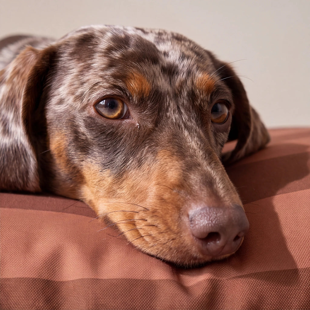 Perro salchicha apoyando la cabeza en la cama para perro de color teja