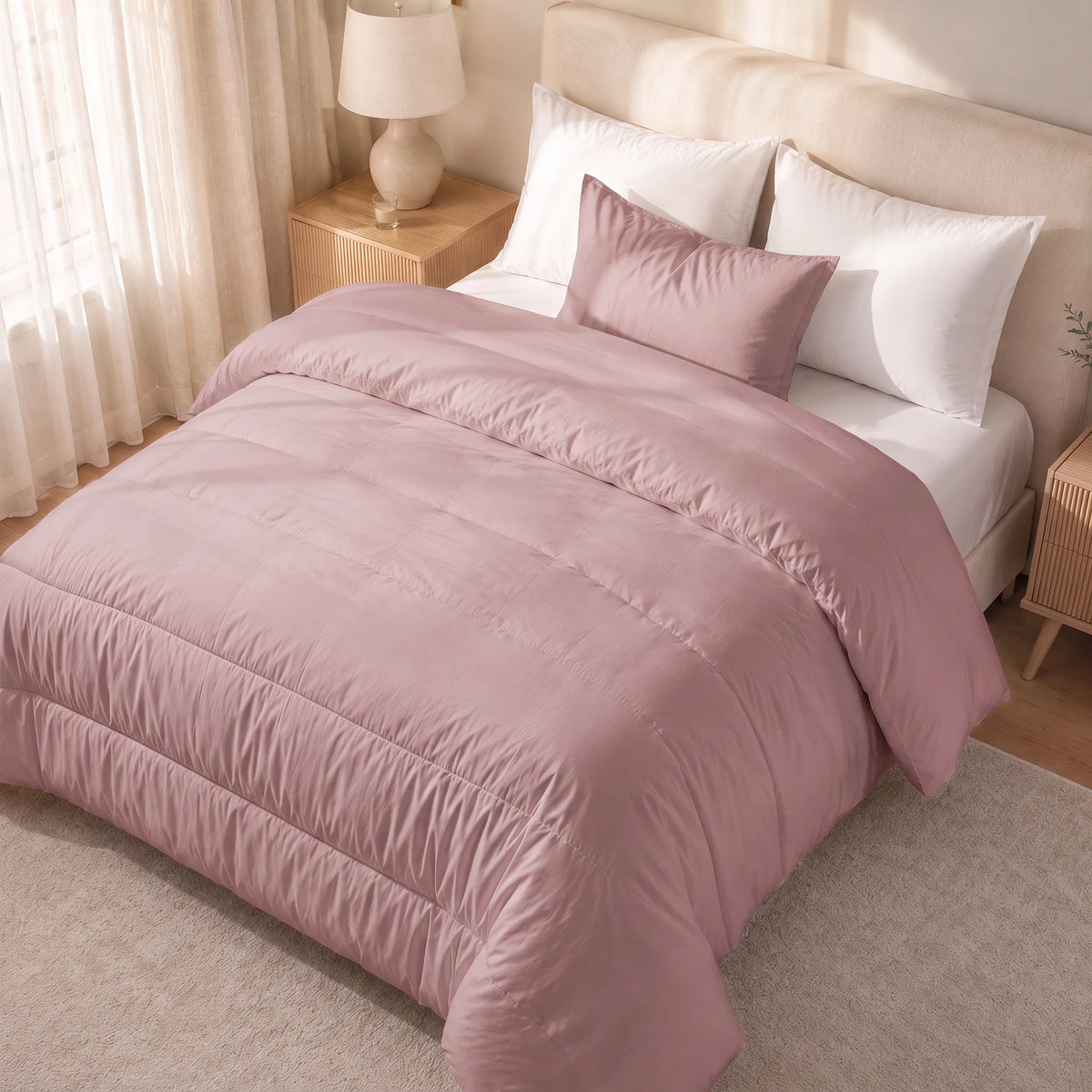Edredón liso acolchado Rosa Empolvado tacto suave