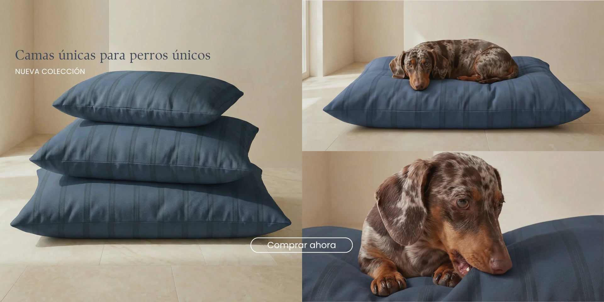 Camas para perros acolchadas en tejido azul, disponibles en varios tamaños, con perro descansando sobre una de ellas.