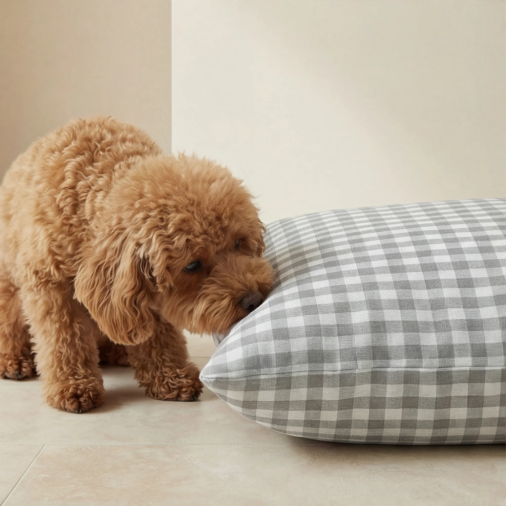 Removable Stain-Resistant Pet Bed, Light Grey Gingham