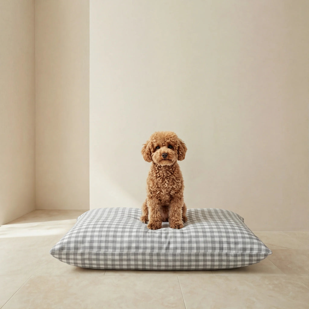 Removable Stain-Resistant Pet Bed, Light Grey Gingham