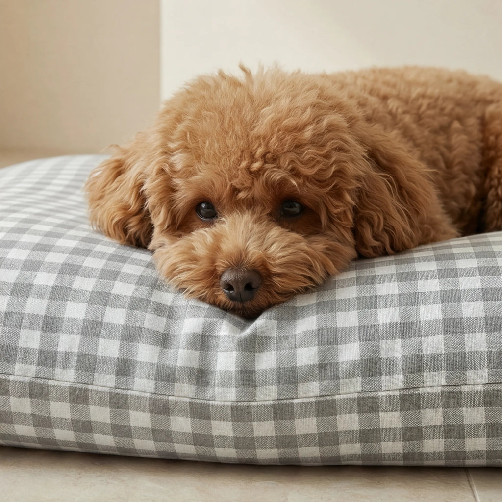 Removable Stain-Resistant Pet Bed, Light Grey Gingham