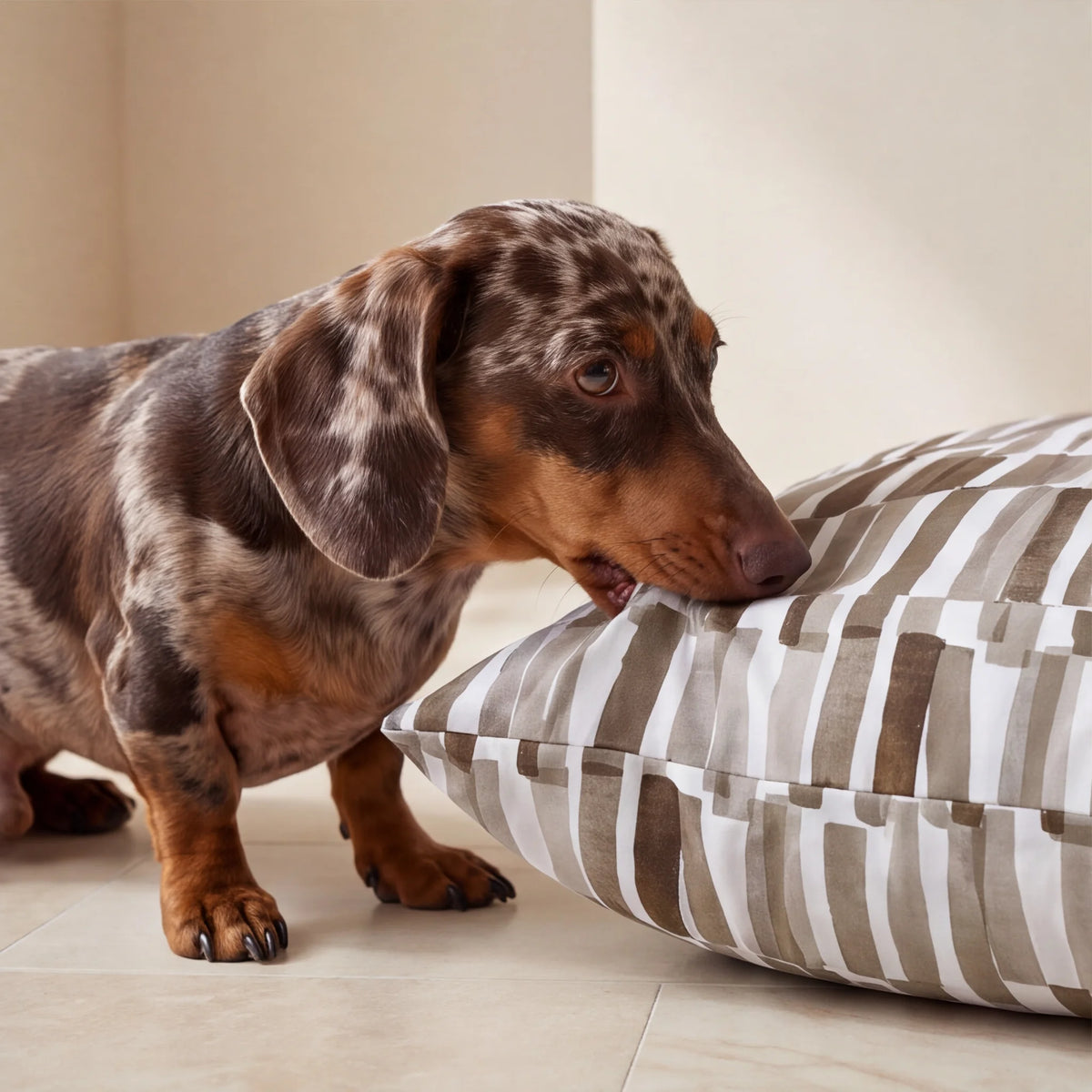 Teckel mordiendo el lateral de la cama para perro antimanchas