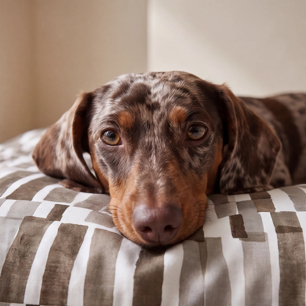 Primer plano de perro descansando la cabeza sobre la cama de tejido suave